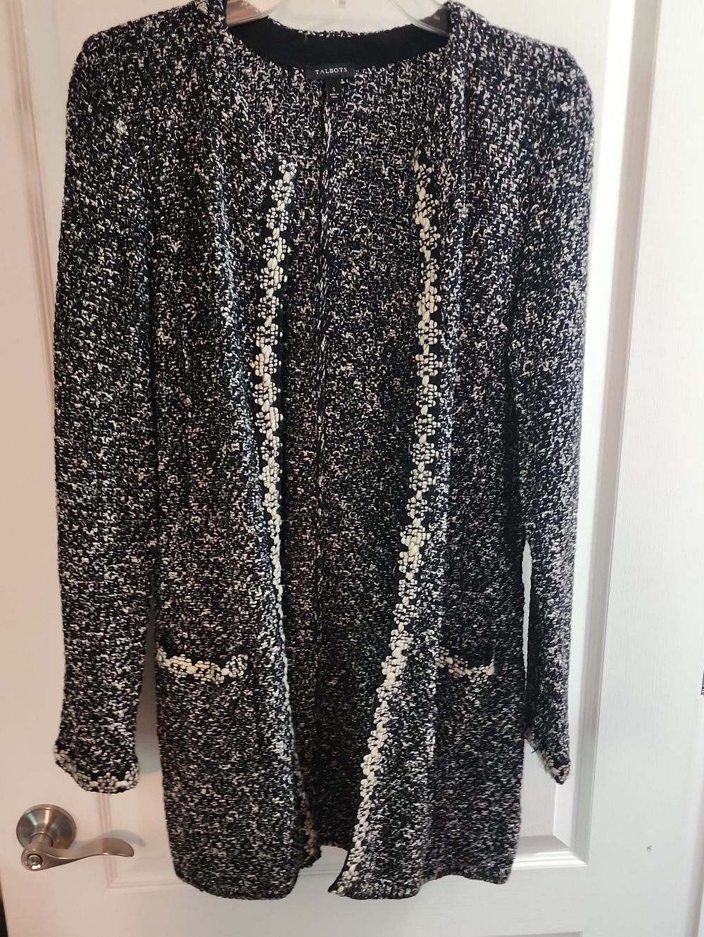 Talbots Long Length Black & Cream Open Cardigan Sweater Size Small